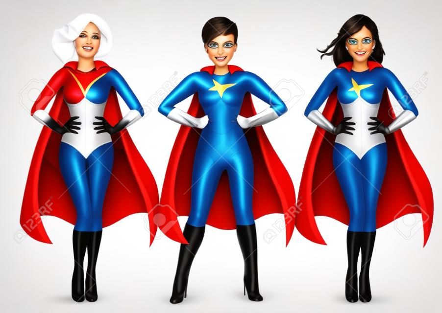 tre belle ragazze in costume supereroi in piedi con le mani sui fianchi isolati su sfondo bianco