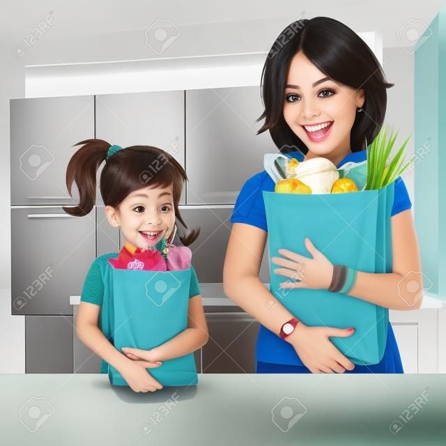 cute young daughter helps her mother to carry groceries paper bags in kitchen