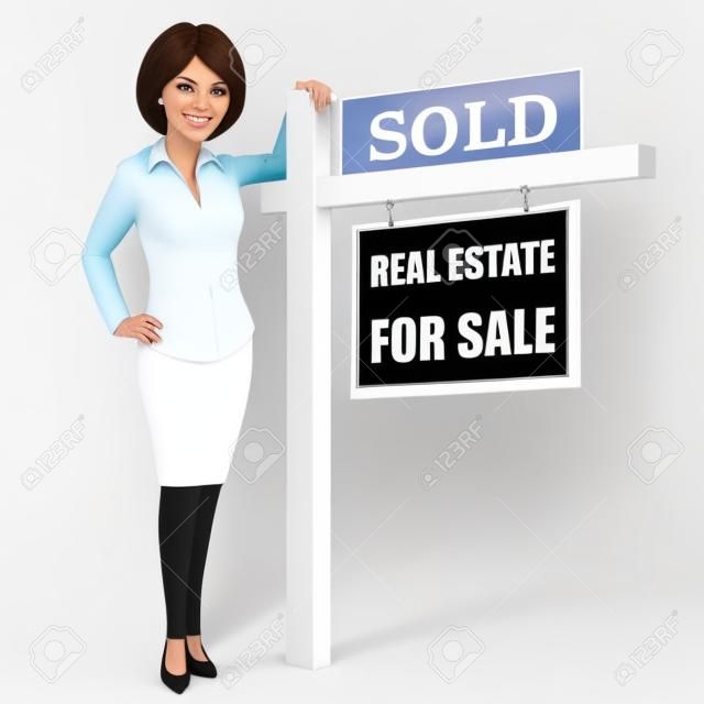 Female real estate agent standing next to a sold for sale sign on white background