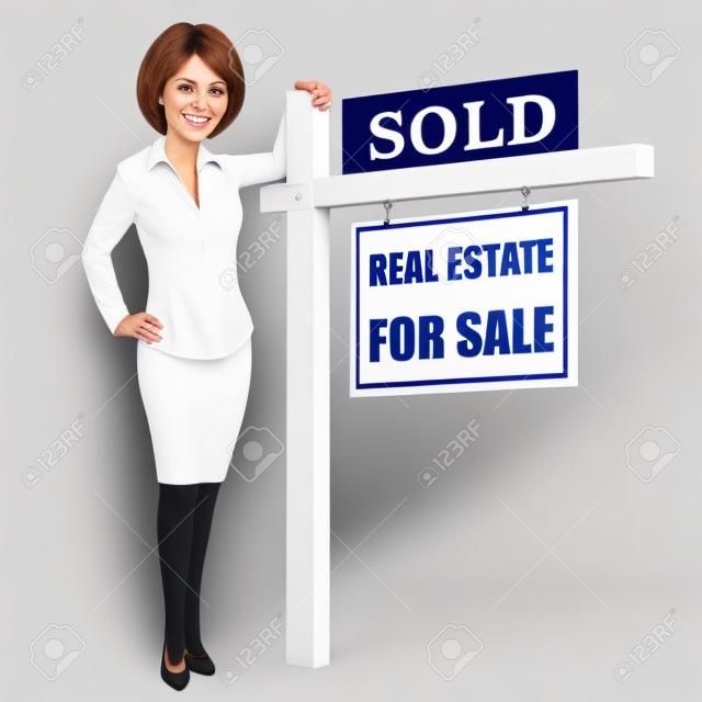 Female real estate agent standing next to a sold for sale sign on white background