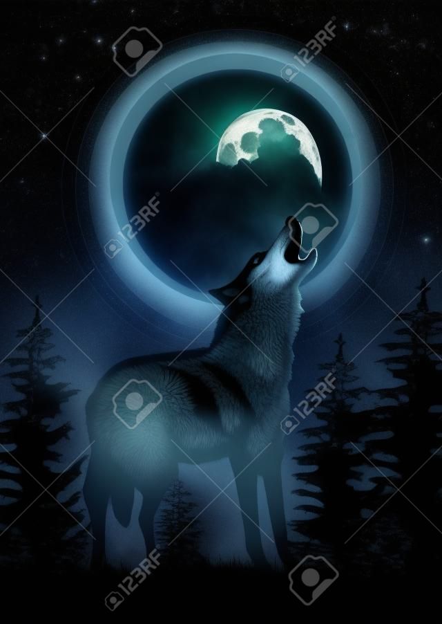 Lobo uivando na lua na floresta. Fundo escuro