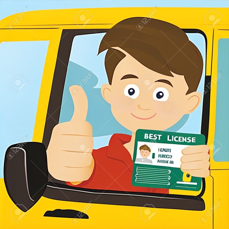 Jonge gelukkige jongen toont zijn nieuwe rijbewijs zittend in zijn auto