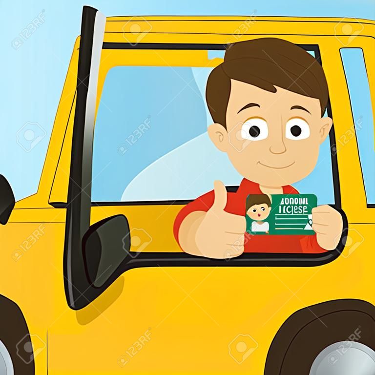 Jonge gelukkige jongen toont zijn nieuwe rijbewijs zittend in zijn auto