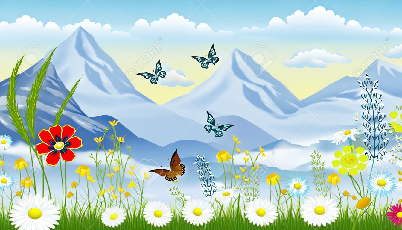 Floral background with butterflies and moutains