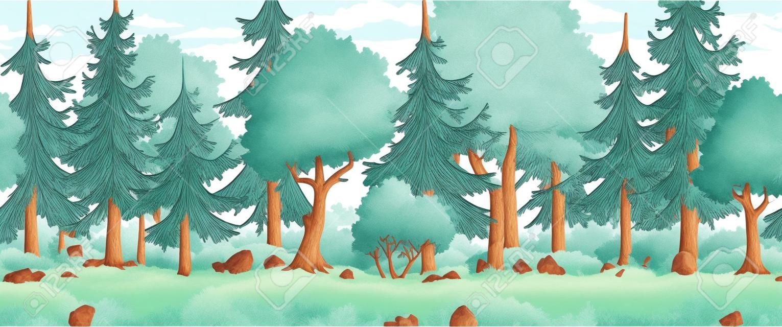 Seamless cartoon forest landscape. Hand draw with separate layers.