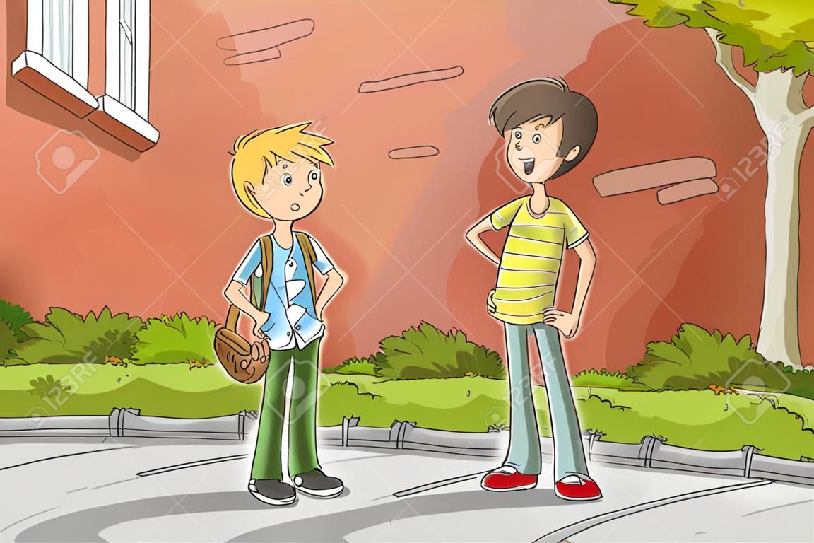 Two boys are talking. Hand drawn vector illustration with separate layers.