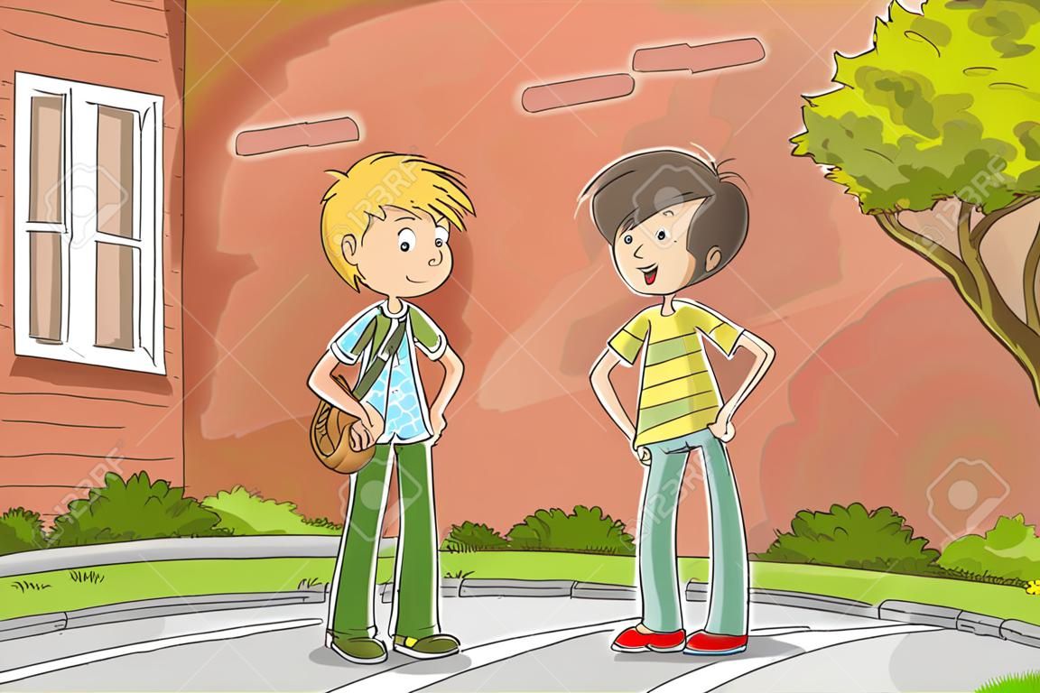 Deux garçons discutent. Illustration vectorielle dessinés à la main avec des calques séparés.