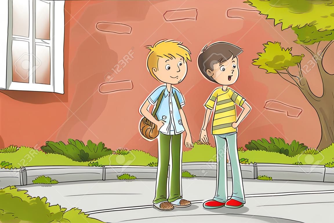 Dos chicos están hablando. Ilustración de vector dibujado a mano con capas separadas.