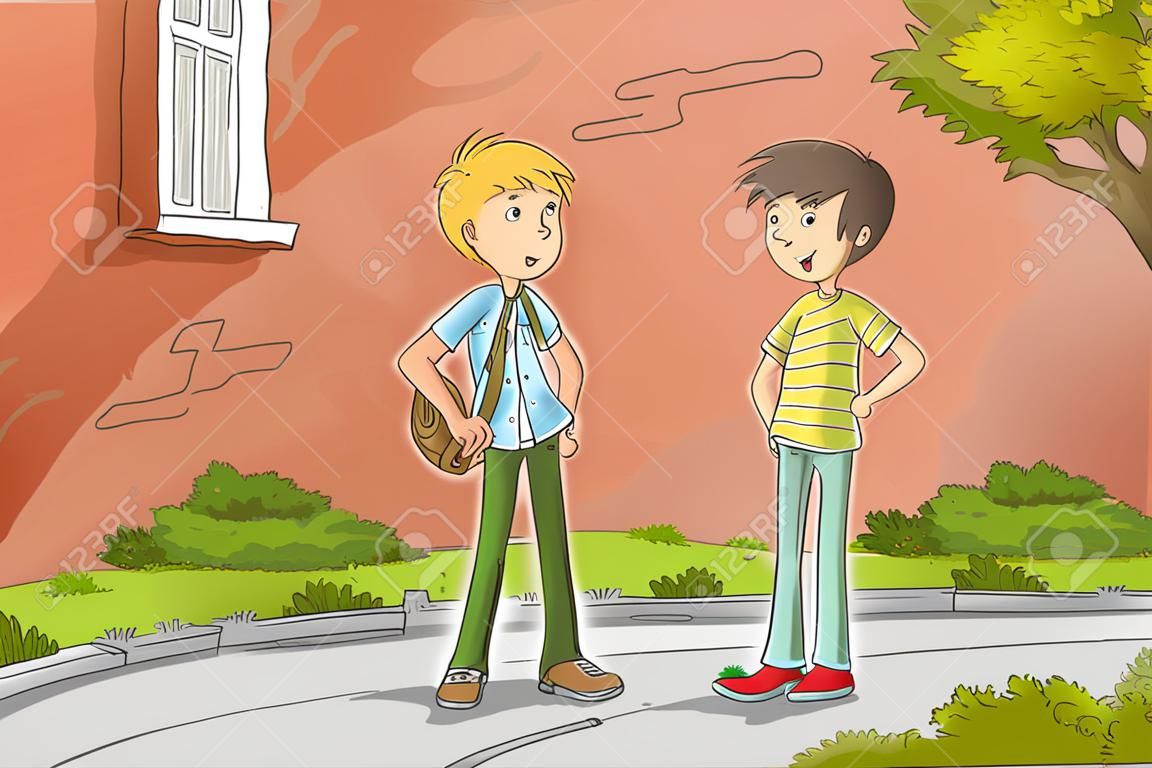 Dois meninos estão falando. Mão desenhada ilustração vetorial com camadas separadas.