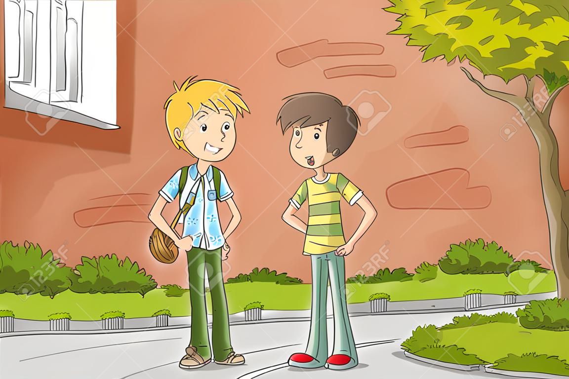 Dos chicos están hablando. Ilustración de vector dibujado a mano con capas separadas.