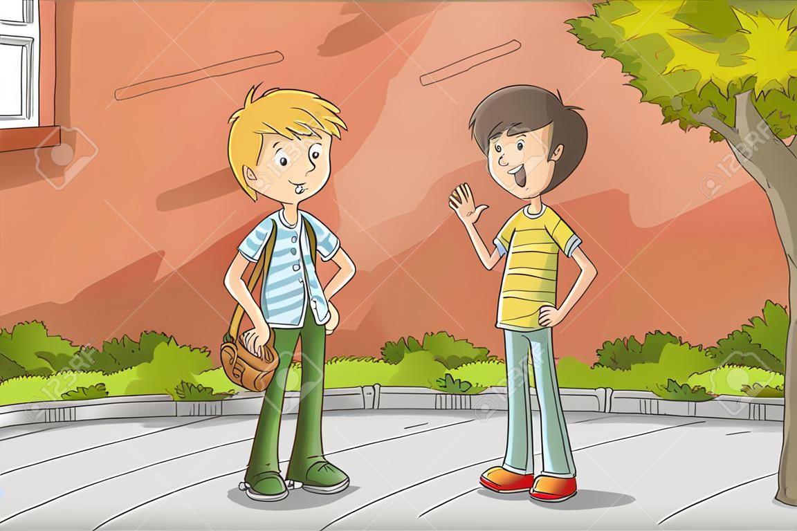 Due ragazzi stanno parlando. Illustrazione vettoriale disegnato a mano con strati separati.