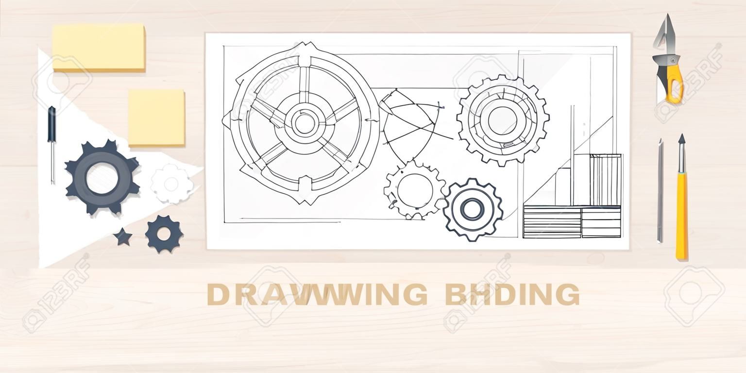 Vector illustration. Engineering and architecture. Drawing, construction.  Architectural project. Design, sketching. Workspace with tools. Planning and building. Wood background.