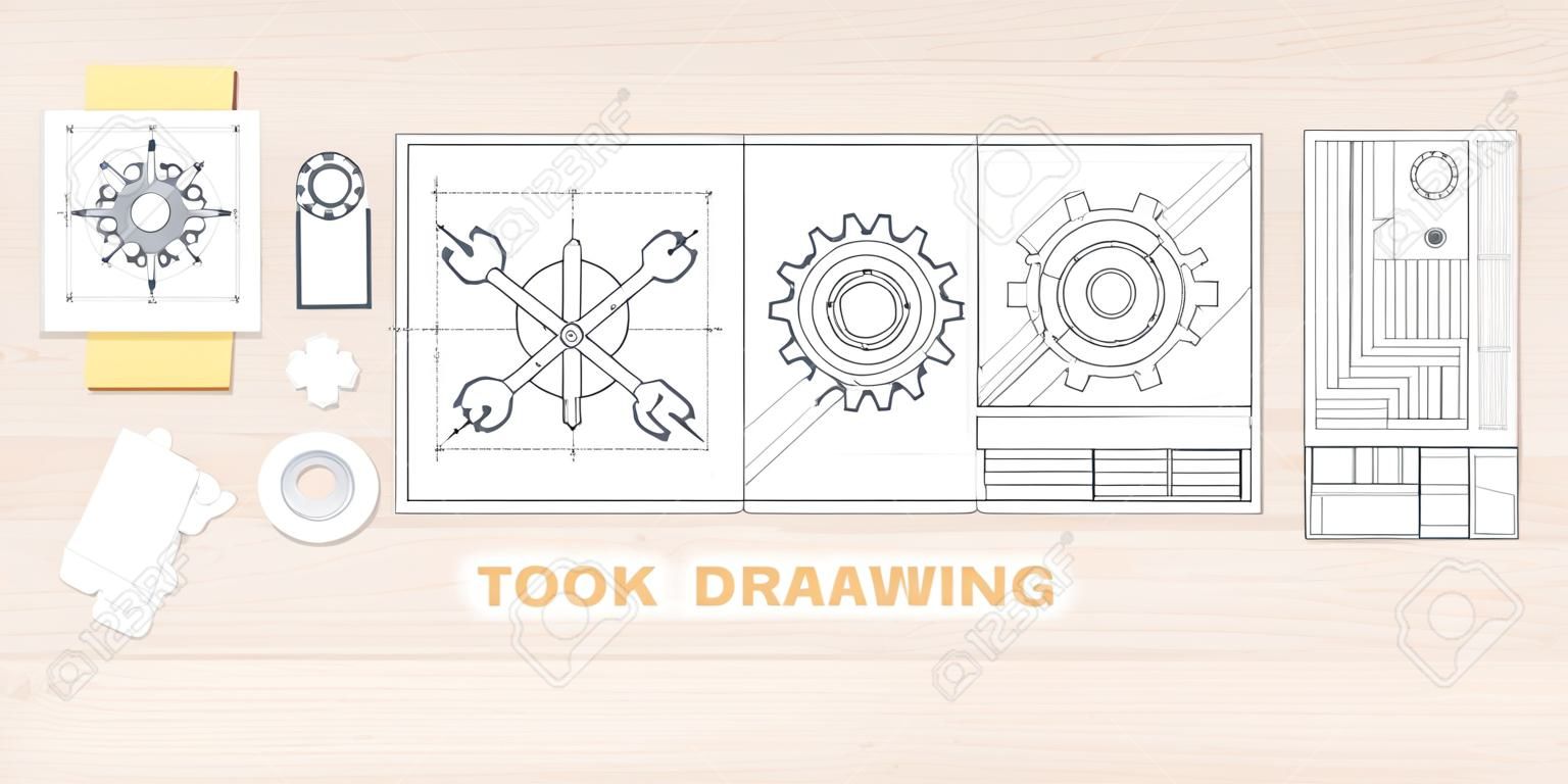 Vector illustration. Engineering and architecture. Drawing, construction.  Architectural project. Design, sketching. Workspace with tools. Planning and building. Wood background.
