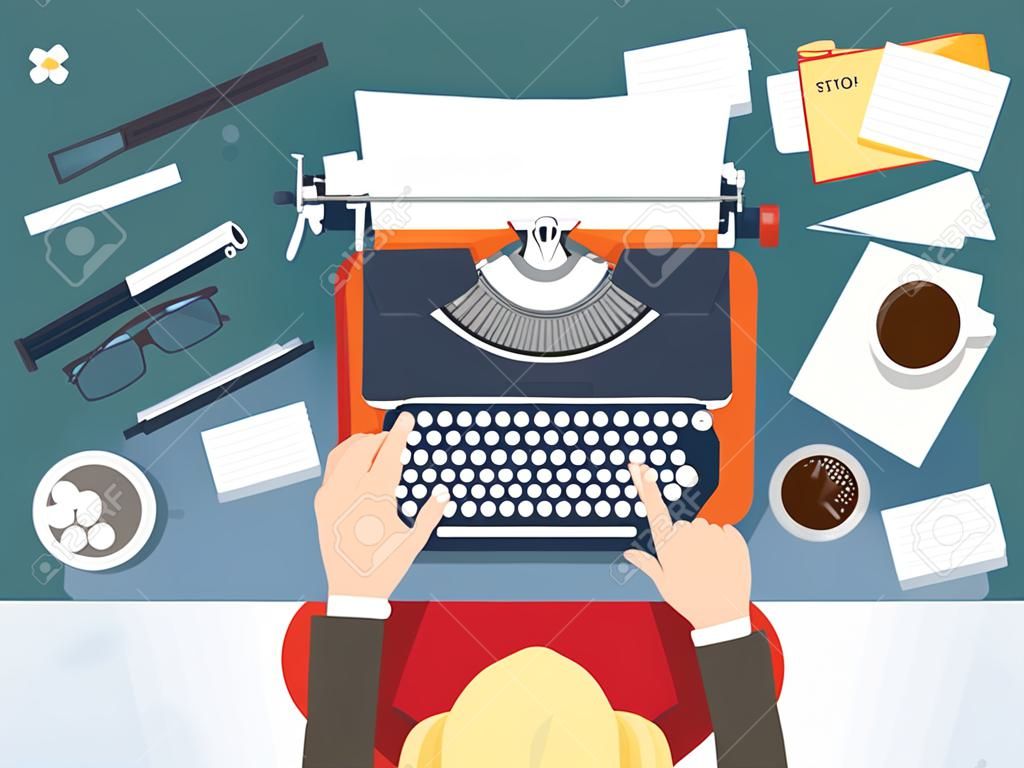 Vector illustration. Flat typewriter.Laptop. Tell your story Author Blogging