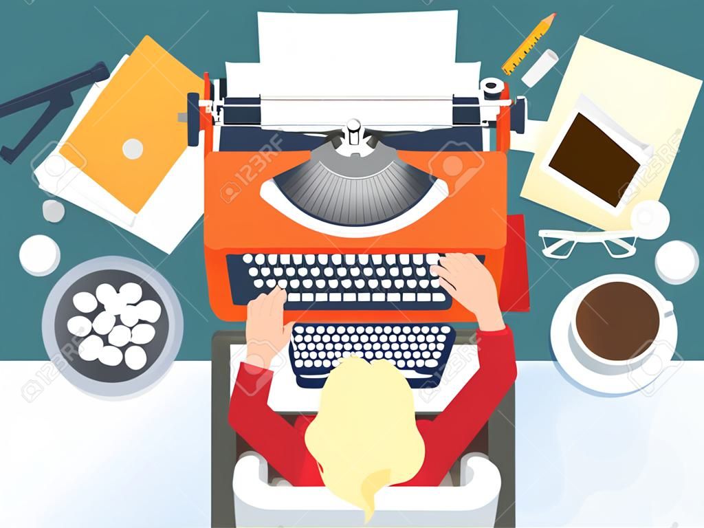 Illustrazione vettoriale. typewriter.Laptop piatto. Racconta la tua storia Autore Blogging