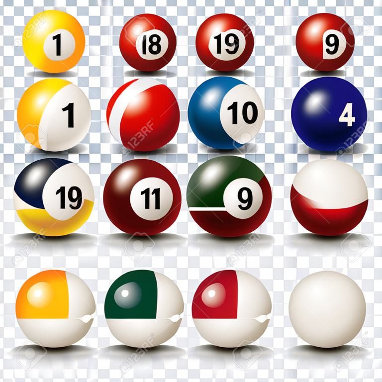Billiard,pool balls collection. Snooker. Transparent background. Vector illustration.