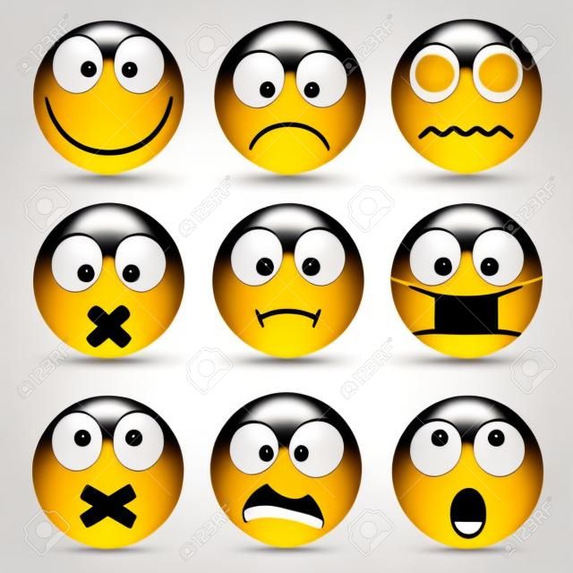 Smiley, Emoticon Set. Gelbes Gesicht mit Emotionen. Gesichtsausdruck. 3d realistische emoji Traurig, glücklich, wütend Gesichter.Funny Cartoon Charakter.Mood. Web-Symbol. Vektor-Illustration.