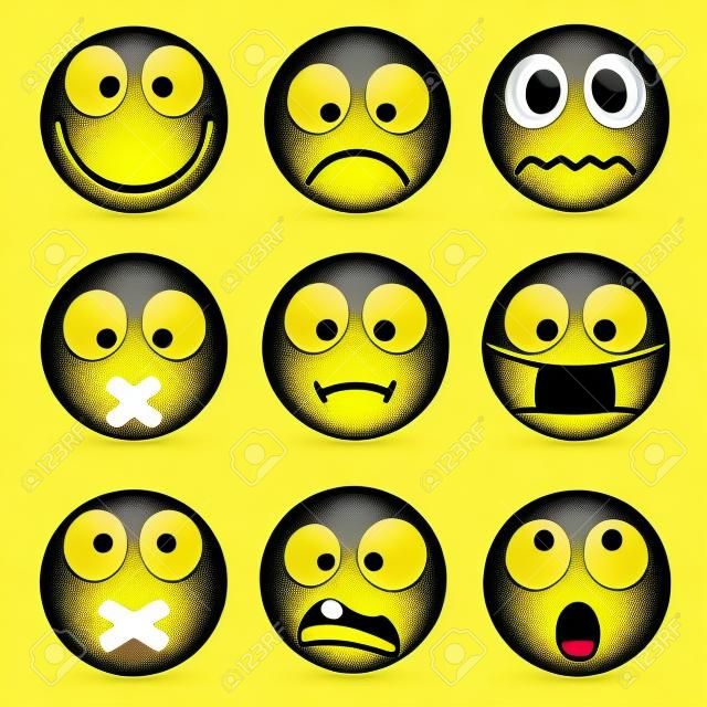 Smiley, conjunto de emoticones. Cara amarilla con emociones. Expresión facial. 3d emoji realista. Caras tristes, felices, enojadas. Personaje de dibujos animados divertido. Modelo. Icono de la web Ilustración vectorial