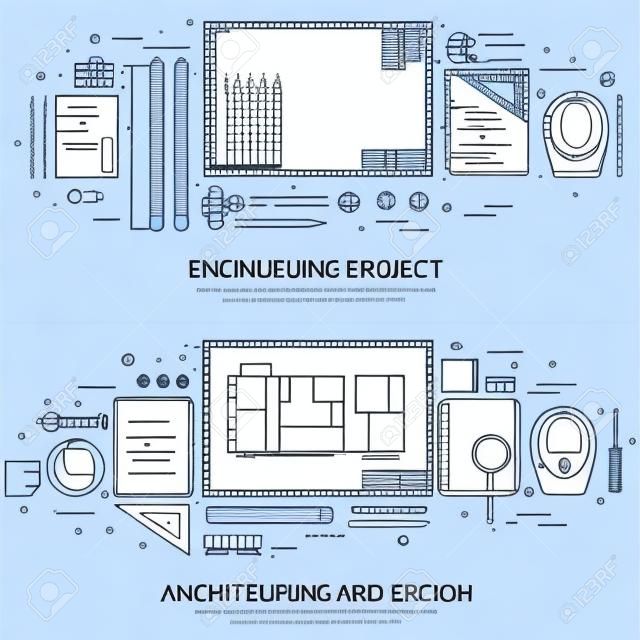 Engineering and architecture. Drawing construction. Architectural project. Design sketching. Workspace with tools. Planning building. Flat blue outline background. Line art vector illustration.