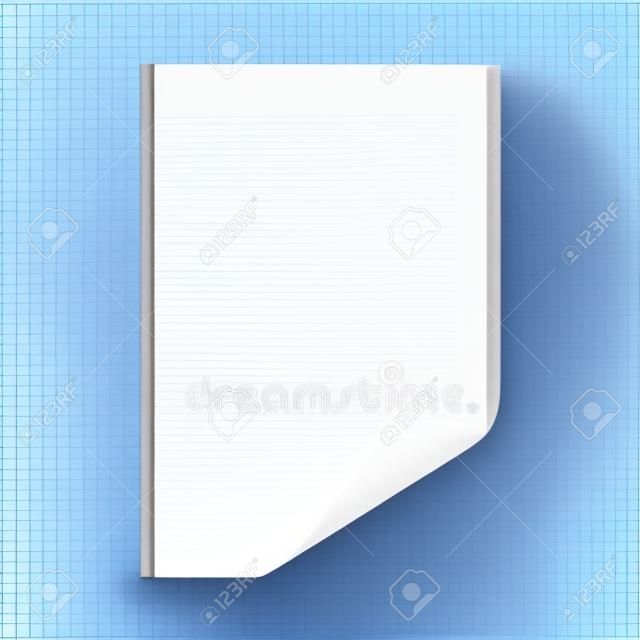 Folha de papel em branco realista com sombra no formato A4 em fundo transparente. Caderno ou página de livro com canto ondulado. Ilustração vetorial