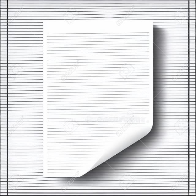 Realistische blanco papieren vel met schaduw in A4-formaat op transparante achtergrond. Notebook of boekpagina met gekrulde hoek. Vector illustratie