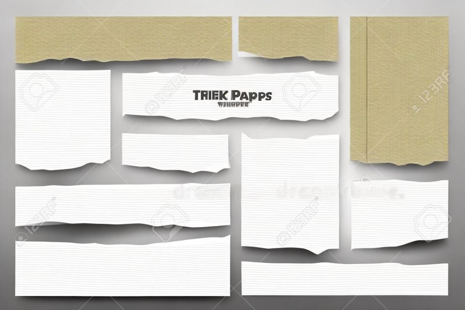 Colección de tiras de papel rasgado blanco. Trozos de papel realistas con bordes rasgados. Notas adhesivas, fragmentos de hojas de cuaderno. ilustración vectorial