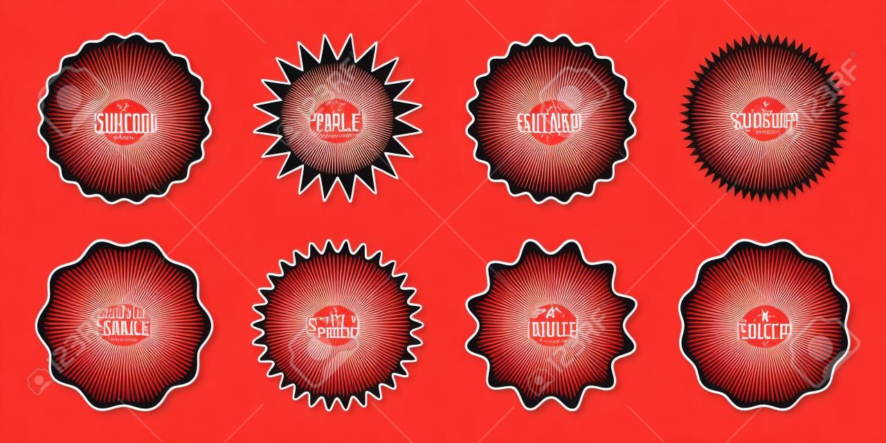 Red shopping labels collection. Sale or discount sticker. Special offer price tag. Supermarket promotional badge. Vector sunburst icon.