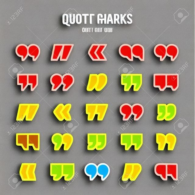 Quotation marks vector collection. Red quotes icon. Colorful stickers collection. Speech mark symbol.