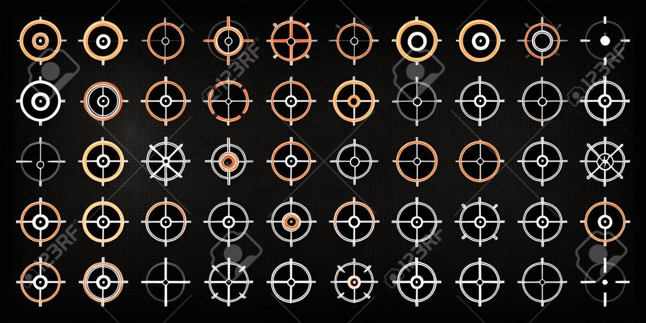 Crosshair, icônes vectorielles de visée des armes à feu. bullseye, cible ou symbole de visée. portée de fusil militaire, signe de marque de tir. viser, viser un coup. tir à l'arc, chasse et tir sportif. élément d'interface utilisateur de jeu.