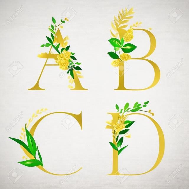 Gold Floral Alphabet Set - letters A, B, C, D with green botanic branch bouquet composition. Unique collection for wedding invites decoration and many other concept ideas.