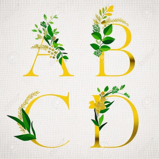 Gold Floral Alphabet Set - letters A, B, C, D with green botanic branch bouquet composition. Unique collection for wedding invites decoration and many other concept ideas.