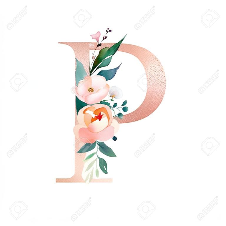 Floral Alphabet - blush / peach color letter P with flowers bouquet composition. Unique collection for wedding invites decoration and many other concept ideas.