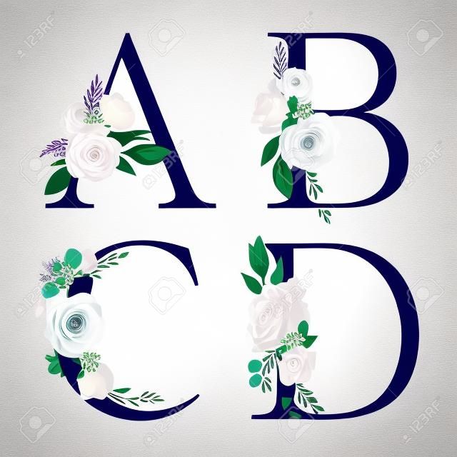 Bloemen Alfabet Set - set van marine letters A, B, C, D met bloemen boeket samenstelling. Unieke collectie voor bruiloft nodigt decoratie en vele andere concept ideeën.