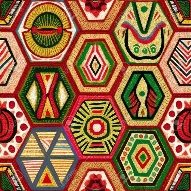 Seamless pattern in patchwork style. Ethnic and tribal motifs. Handwork.
