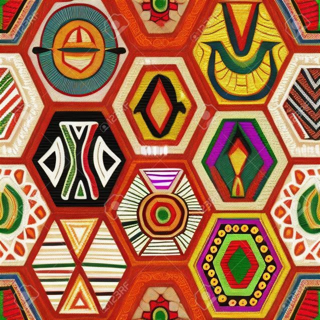 Seamless pattern in patchwork style. Ethnic and tribal motifs. Handwork.