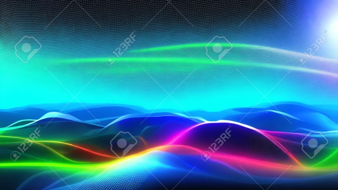 Futuristic technology wave. Digital cyberspace. Abstract wave with moving particles on a colors background. Big data analytics. 3d rendering.