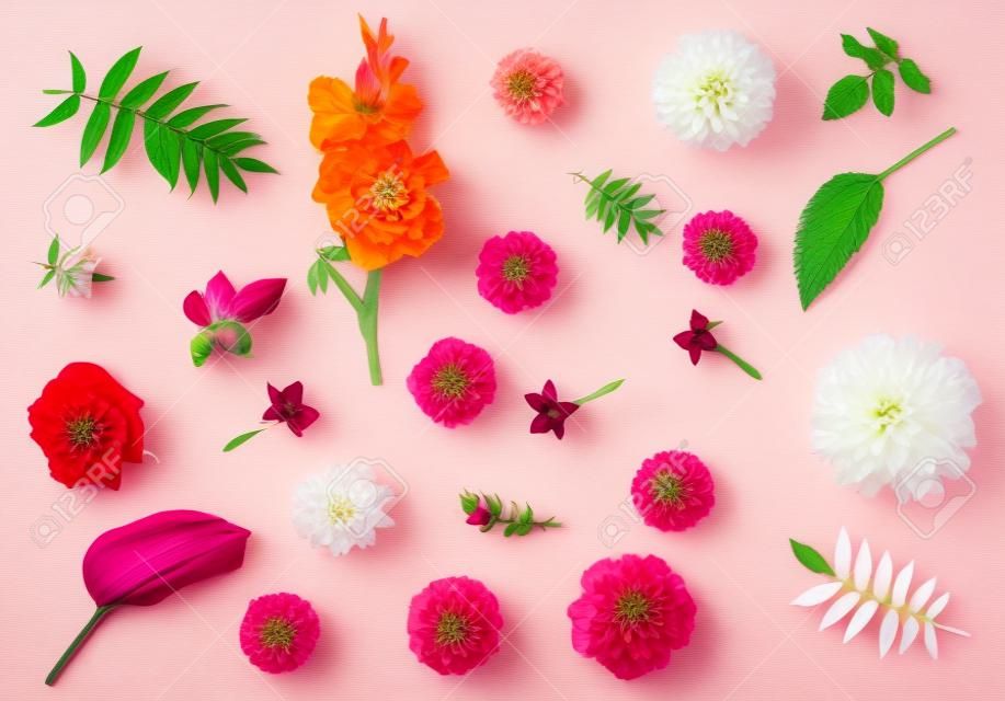 Flowers of roses, dahlias, gladiolus, tobacco, marigolds and leaves host, astilbe and Ricinus communis isolated on white background. Flora composition and collection. Nature and plants. Red, pink. Flat lay, top view 