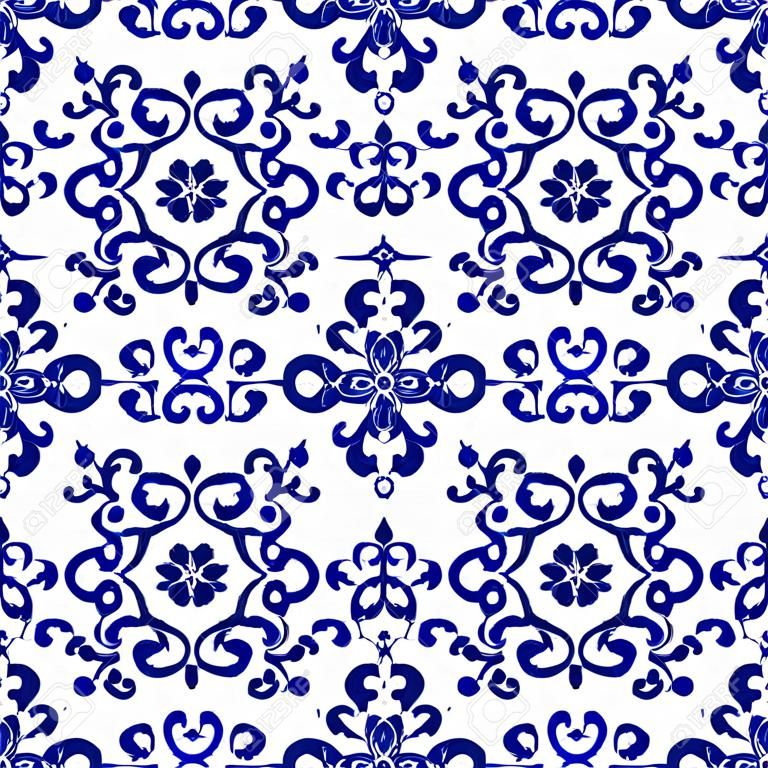 Blue and white porcelain flower pattern Chinese and Japanese style, ceramic floral seamless background, beautiful tile design, vector illustration