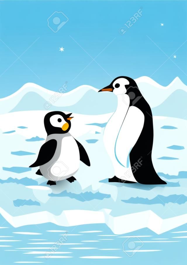 pingüinos en paisaje helado. ilustración de dibujos animados de vectores