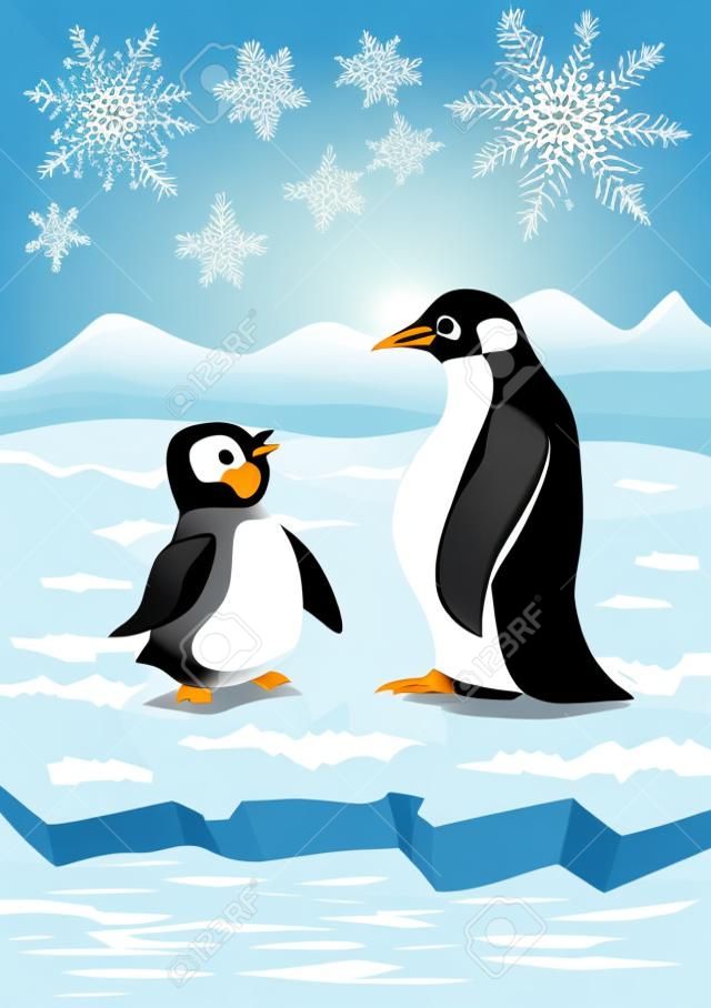 penguins on icy landscape. vector cartoon illustration