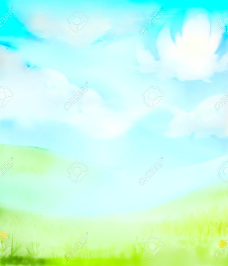 Aquarell abstrakten Himmel, Wolken und grünem Gras Hintergrund