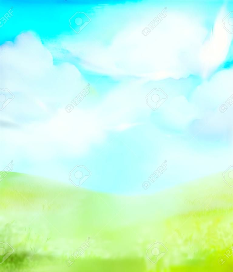 Aquarell abstrakten Himmel, Wolken und grünem Gras Hintergrund