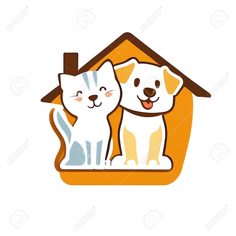 Ładny pies i kot oraz projekt logo domu na dachu. usługi dla zwierząt domowych, ratownictwo, wejście na pokład, opieka i chodzenie minimalny symbol