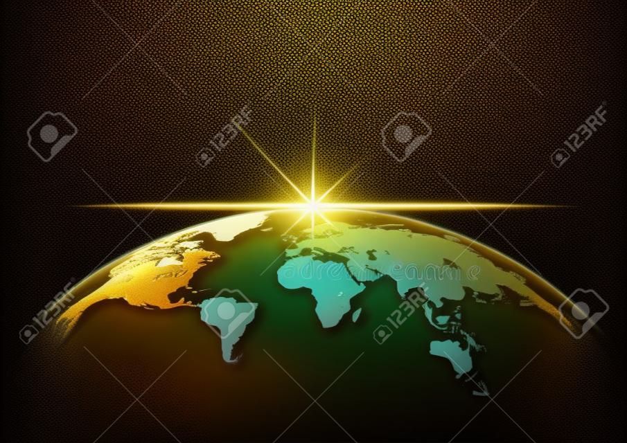 Aarde en straal met gouden kleur op zwart voor decoratie achtergrond, vector illustratie
