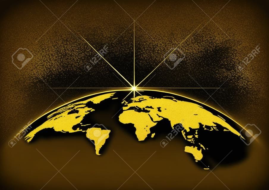 Earth and ray with golden color on black for decoration background, vector illustration