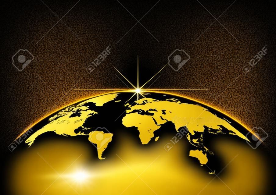 地球和射線與金裝飾背景，矢量圖黑色的金色