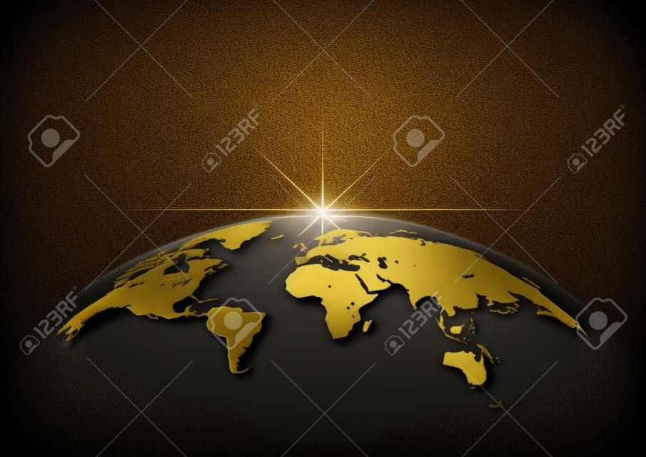 地球和射線與金裝飾背景，矢量圖黑色的金色