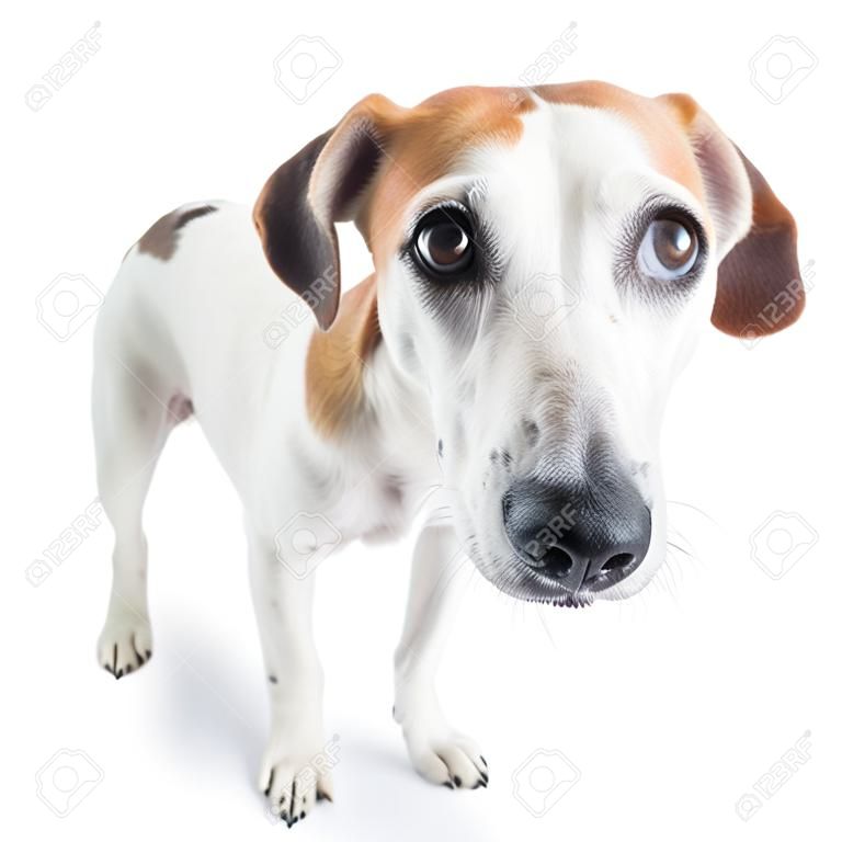 흰색 바탕에 슬픈 귀여운 강아지입니다. 집중된 진정 애완 동물