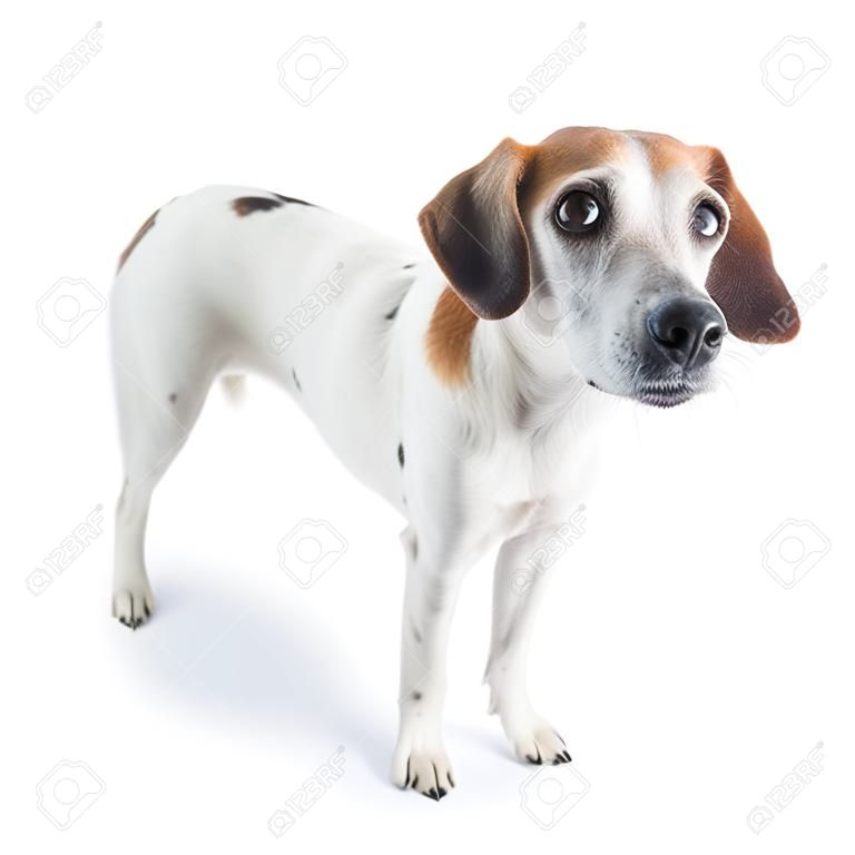 Sad cute dog on white background. Concentrated calm pet
