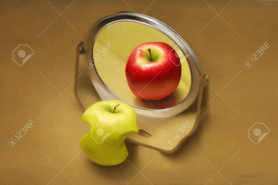 Метафора для анорексия или булимия расстройство пищевого поведения, яблоко перед зеркалом
